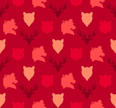 Wildlife seamless pattern. Zoo ornament for print, fabric, cloth, child items and wrap. Nature fauna wallpaper. Silhouettes head animals background. Vector