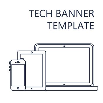 Adaptive Web Phone Template and Gadget Banner on Smartphone, Tablet, Notebook. Outline minimalistic pad, phone, laptop mockups. Vector