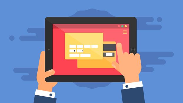 Web Template and Elements for site form of online shopping and enter card data on tablet. Vector
