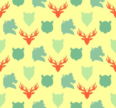 Wildlife seamless pattern. Zoo ornament for print, fabric, cloth, child items and wrap. Nature fauna wallpaper. Silhouettes head animals background. Vector