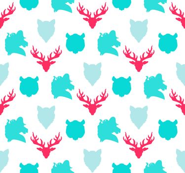Wildlife seamless pattern. Zoo ornament for print, fabric, cloth, child items and wrap. Nature fauna wallpaper. Silhouettes head animals background. Vector