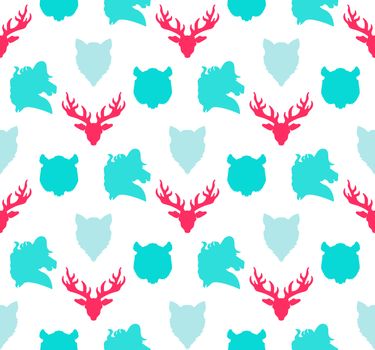 Wildlife seamless pattern. Zoo ornament for print, fabric, cloth, child items and wrap. Nature fauna wallpaper. Silhouettes head animals background. Vector