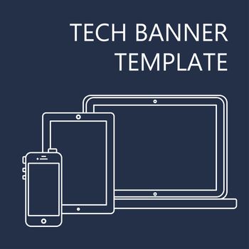 Adaptive Web Phone Template and Gadget Banner on Smartphone, Tablet, Notebook. Outline minimalistic pad, phone, laptop mockups. Vector