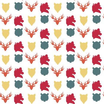 Wildlife seamless pattern. Zoo ornament for print, fabric, cloth, child items and wrap. Nature fauna wallpaper. Silhouettes head animals background. Vector