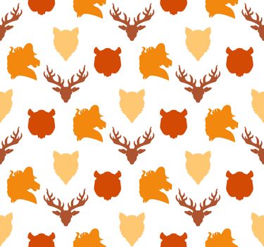 Wildlife seamless pattern. Zoo ornament for print, fabric, cloth, child items and wrap. Nature fauna wallpaper. Silhouettes head animals background. Vector