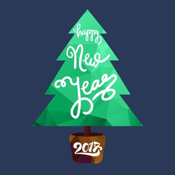 Happy New 2017 Year Lettering in Christmas tree. Winter holiday illustration. Xmas Design Label Elements for invitation, greeting, card and headline, title, sticker, emblem, print, magnet. Vector