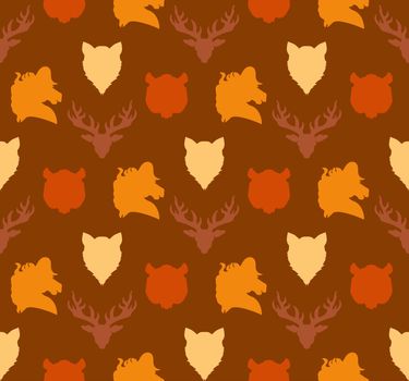 Wildlife seamless pattern. Zoo ornament for print, fabric, cloth, child items and wrap. Nature fauna wallpaper. Silhouettes head animals background. Vector