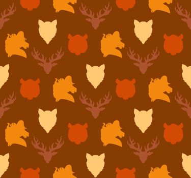 Wildlife seamless pattern. Zoo ornament for print, fabric, cloth, child items and wrap. Nature fauna wallpaper. Silhouettes head animals background. Vector