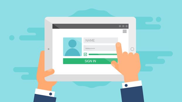 Web Template and Elements for site form of login to account on tablet. Vector