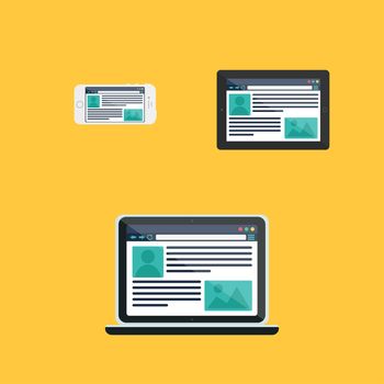 Adaptive Web Phone Template and Gadget Elements for site of blog and infographics on Smartphone, Tablet, Notebook. Flat minimalistic pad, phone, laptop mockups. Vector
