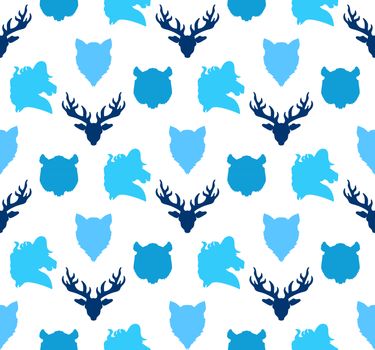 Wildlife seamless pattern. Zoo ornament for print, fabric, cloth, child items and wrap. Nature fauna wallpaper. Silhouettes head animals background. Vector