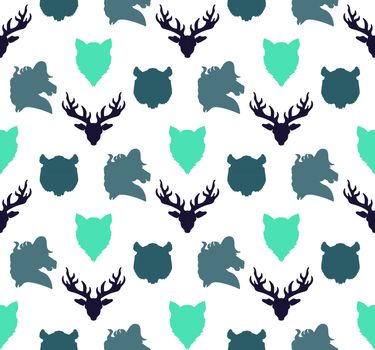 Wildlife seamless pattern. Zoo ornament for print, fabric, cloth, child items and wrap. Nature fauna wallpaper. Silhouettes head animals background. Vector