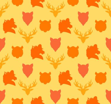 Wildlife seamless pattern. Zoo ornament for print, fabric, cloth, child items and wrap. Nature fauna wallpaper. Silhouettes head animals background. Vector