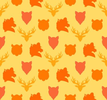 Wildlife seamless pattern. Zoo ornament for print, fabric, cloth, child items and wrap. Nature fauna wallpaper. Silhouettes head animals background. Vector