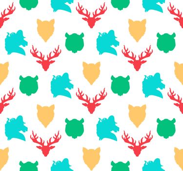 Wildlife seamless pattern. Zoo ornament for print, fabric, cloth, child items and wrap. Nature fauna wallpaper. Silhouettes head animals background. Vector