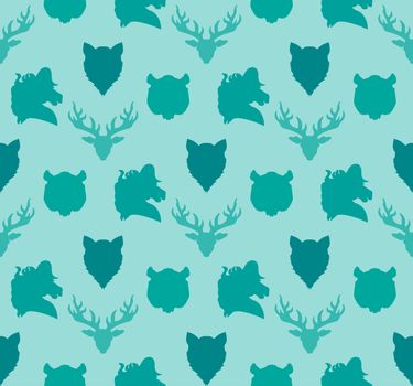 Wildlife seamless pattern. Zoo ornament for print, fabric, cloth, child items and wrap. Nature fauna wallpaper. Silhouettes head animals background. Vector