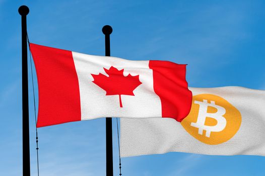 Canada flag and Bitcoin Flag waving over blue sky (digitally generated image)