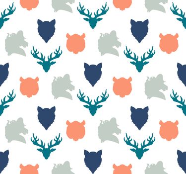 Wildlife seamless pattern. Zoo ornament for print, fabric, cloth, child items and wrap. Nature fauna wallpaper. Silhouettes head animals background. Vector