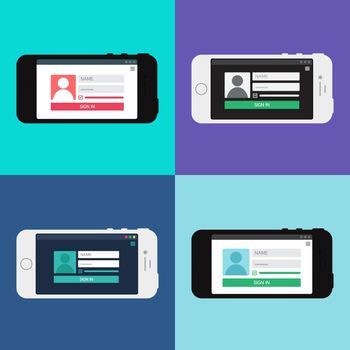 Adaptive Web Phone Template and Gadget Elements for site form of login to account on Smartphone. Vector
