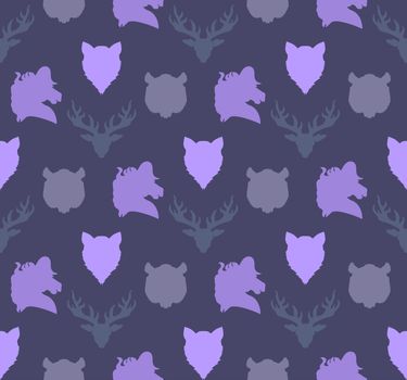 Wildlife seamless pattern. Zoo ornament for print, fabric, cloth, child items and wrap. Nature fauna wallpaper. Silhouettes head animals background. Vector