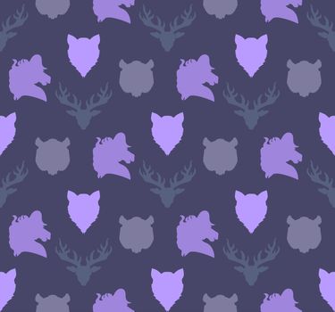 Wildlife seamless pattern. Zoo ornament for print, fabric, cloth, child items and wrap. Nature fauna wallpaper. Silhouettes head animals background. Vector