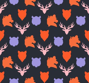 Wildlife seamless pattern. Zoo ornament for print, fabric, cloth, child items and wrap. Nature fauna wallpaper. Silhouettes head animals background. Vector