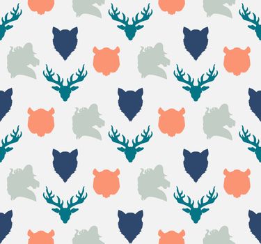 Wildlife seamless pattern. Zoo ornament for print, fabric, cloth, child items and wrap. Nature fauna wallpaper. Silhouettes head animals background. Vector