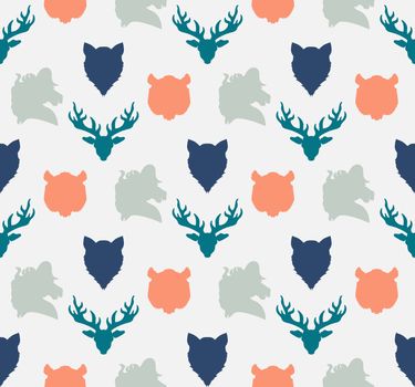 Wildlife seamless pattern. Zoo ornament for print, fabric, cloth, child items and wrap. Nature fauna wallpaper. Silhouettes head animals background. Vector