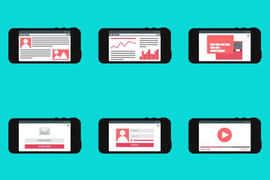Adaptive Web Phone Template and Gadget Elements for site forms of email subscribe, login to account, watching video, online shopping, blog and infographics on computer. Vector