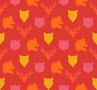 Wildlife seamless pattern. Zoo ornament for print, fabric, cloth, child items and wrap. Nature fauna wallpaper. Silhouettes head animals background. Vector