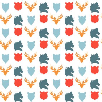 Wildlife seamless pattern. Zoo ornament for print, fabric, cloth, child items and wrap. Nature fauna wallpaper. Silhouettes head animals background. Vector