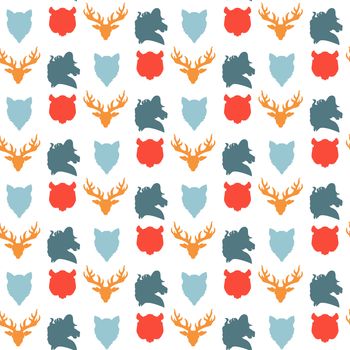 Wildlife seamless pattern. Zoo ornament for print, fabric, cloth, child items and wrap. Nature fauna wallpaper. Silhouettes head animals background. Vector