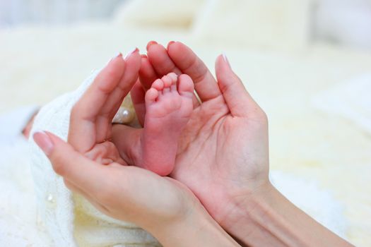 Mom's hands hold a small heel of his newborn baby wrapped in a white warm blanket.