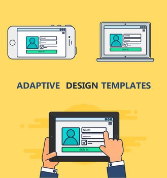 Adaptive Web Template and Gadget Elements for site form of login to account on Smartphone, Tablet, Notebook. Outline minimalistic pad, phone, laptop mockups. Vector