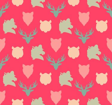 Wildlife seamless pattern. Zoo ornament for print, fabric, cloth, child items and wrap. Nature fauna wallpaper. Silhouettes head animals background. Vector