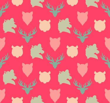 Wildlife seamless pattern. Zoo ornament for print, fabric, cloth, child items and wrap. Nature fauna wallpaper. Silhouettes head animals background. Vector