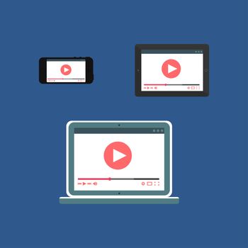 Adaptive Web Template and Gadget Elements for site form of watching online video on Smartphone, Tablet, Notebook. Flat minimalistic pad, phone, laptop mockups. Vector