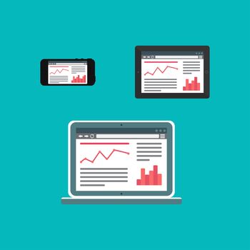 Adaptive Web Phone Template and Gadget Elements for site of blog and infographics on Smartphone, Tablet, Notebook. Outline minimalistic pad, phone, laptop mockups. Vector