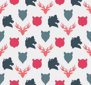 Wildlife seamless pattern. Zoo ornament for print, fabric, cloth, child items and wrap. Nature fauna wallpaper. Silhouettes head animals background. Vector