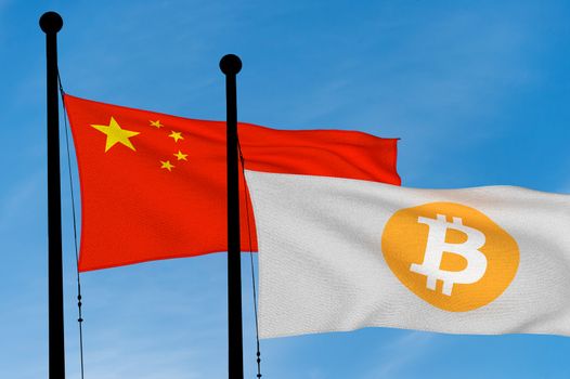 China flag and Bitcoin Flag waving over blue sky (digitally generated image)