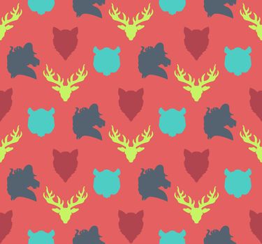 Wildlife seamless pattern. Zoo ornament for print, fabric, cloth, child items and wrap. Nature fauna wallpaper. Silhouettes head animals background. Vector