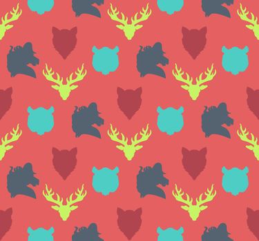 Wildlife seamless pattern. Zoo ornament for print, fabric, cloth, child items and wrap. Nature fauna wallpaper. Silhouettes head animals background. Vector