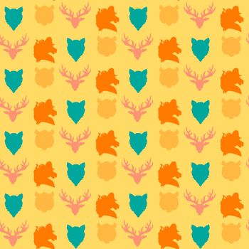 Wildlife seamless pattern. Zoo ornament for print, fabric, cloth, child items and wrap. Nature fauna wallpaper. Silhouettes head animals background. Vector