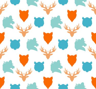 Wildlife seamless pattern. Zoo ornament for print, fabric, cloth, child items and wrap. Nature fauna wallpaper. Silhouettes head animals background. Vector
