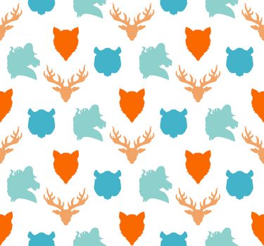 Wildlife seamless pattern. Zoo ornament for print, fabric, cloth, child items and wrap. Nature fauna wallpaper. Silhouettes head animals background. Vector