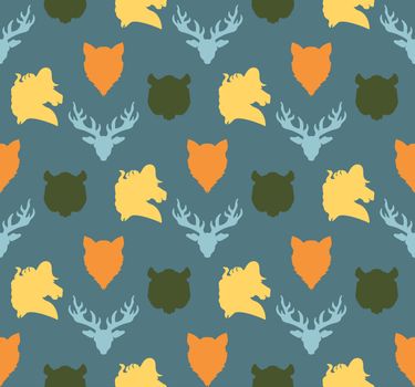 Wildlife seamless pattern. Zoo ornament for print, fabric, cloth, child items and wrap. Nature fauna wallpaper. Silhouettes head animals background. Vector