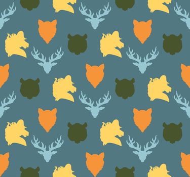 Wildlife seamless pattern. Zoo ornament for print, fabric, cloth, child items and wrap. Nature fauna wallpaper. Silhouettes head animals background. Vector