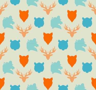 Wildlife seamless pattern. Zoo ornament for print, fabric, cloth, child items and wrap. Nature fauna wallpaper. Silhouettes head animals background. Vector