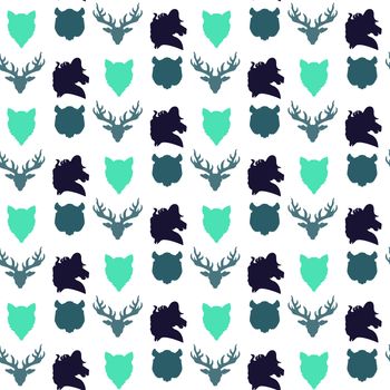 Wildlife seamless pattern. Zoo ornament for print, fabric, cloth, child items and wrap. Nature fauna wallpaper. Silhouettes head animals background. Vector