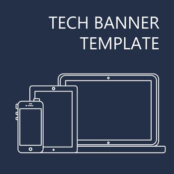 Adaptive Web Phone Template and Gadget Banner on Smartphone, Tablet, Notebook. Outline minimalistic pad, phone, laptop mockups. Vector